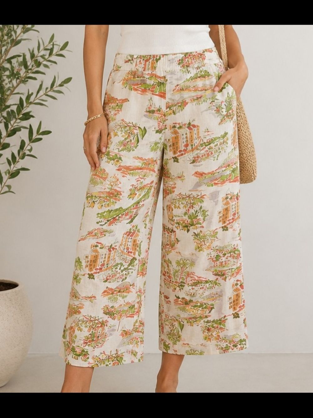 Cynthia Rowley 100% Linen Scenic Print Wide Leg Crop Pants Size Large Mediterran